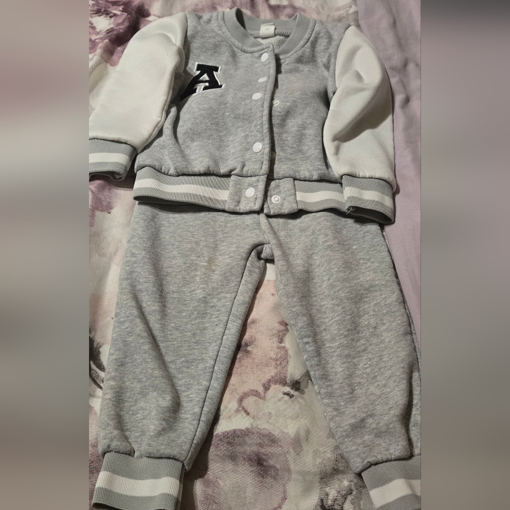 Gray and White Varsity Jacket and Pants Set